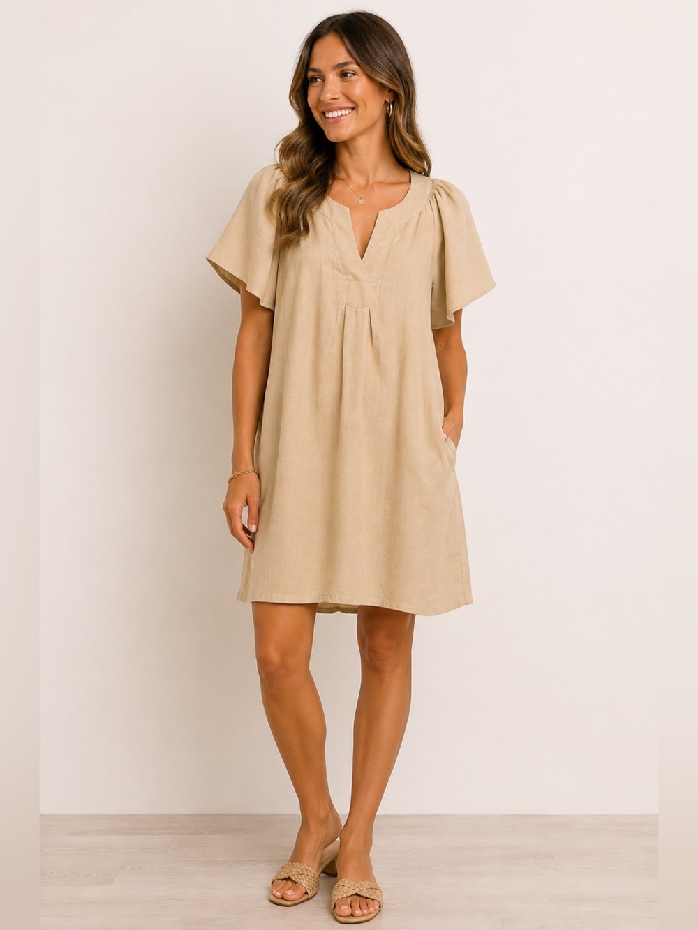 Signature by Robbie Bee Natural Tan Linen Shift Flutter-Sleeve Dress